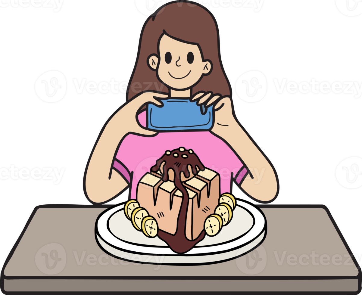 Hand Drawn woman taking photo of dessert illustration in doodle style png