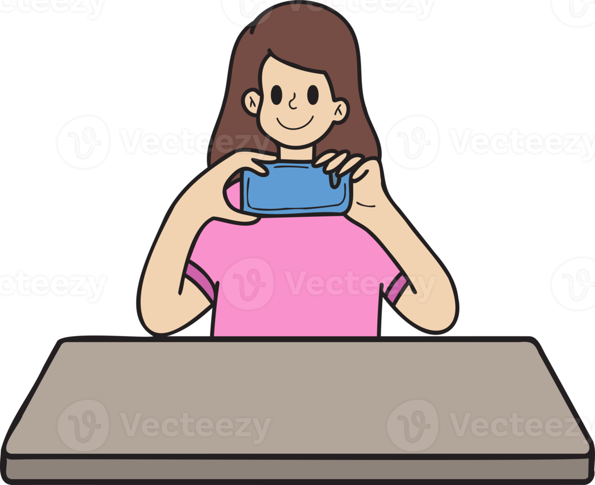 femme dessinée à la main prenant une photo sur une illustration de table à manger dans un style doodle png