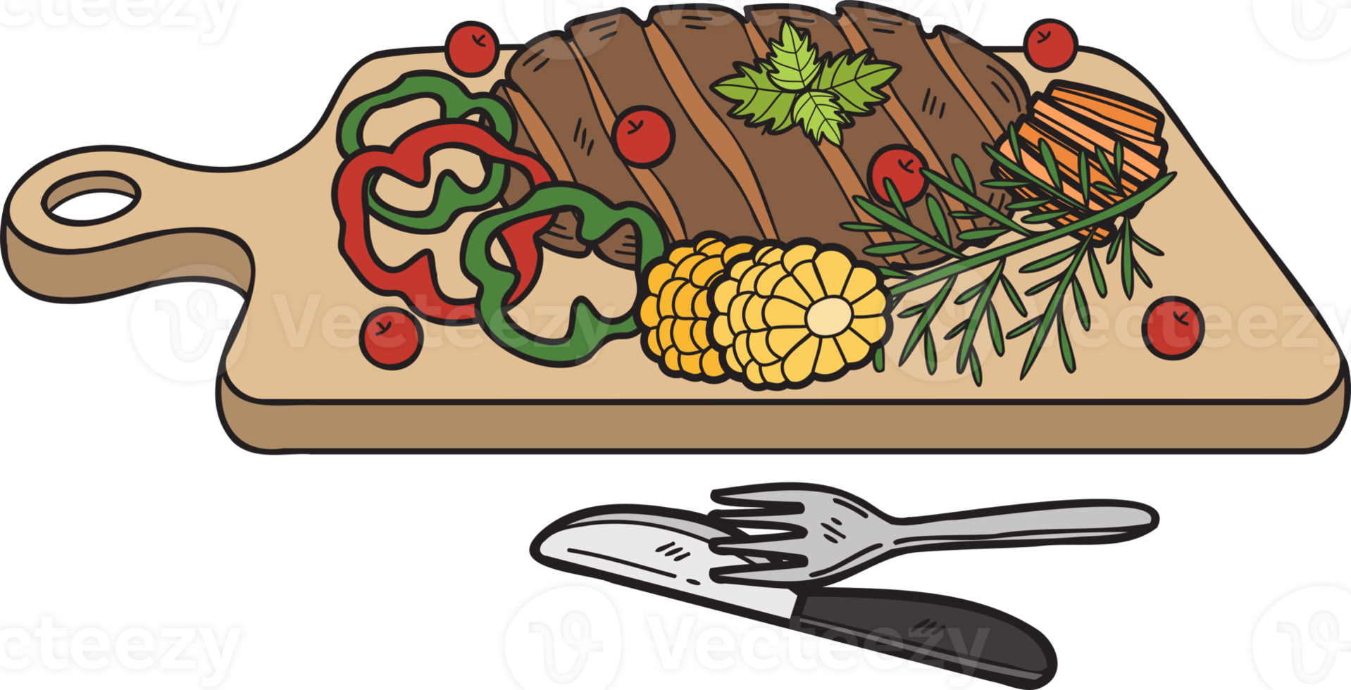 Hand Drawn beef steak on a wooden chopping board with knife and fork illustration in doodle style png