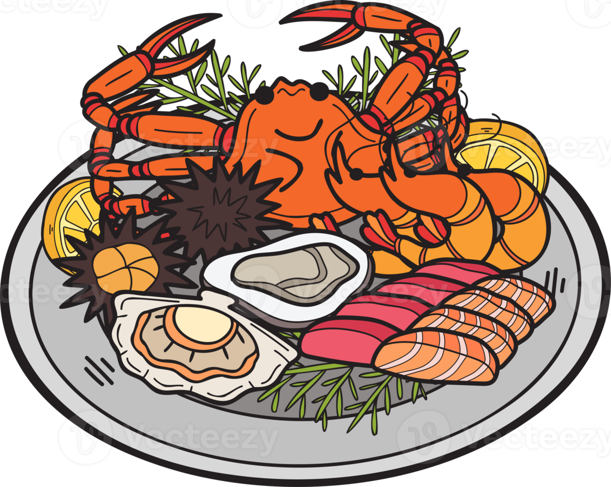 Hand Drawn seafood on plate illustration in doodle style png