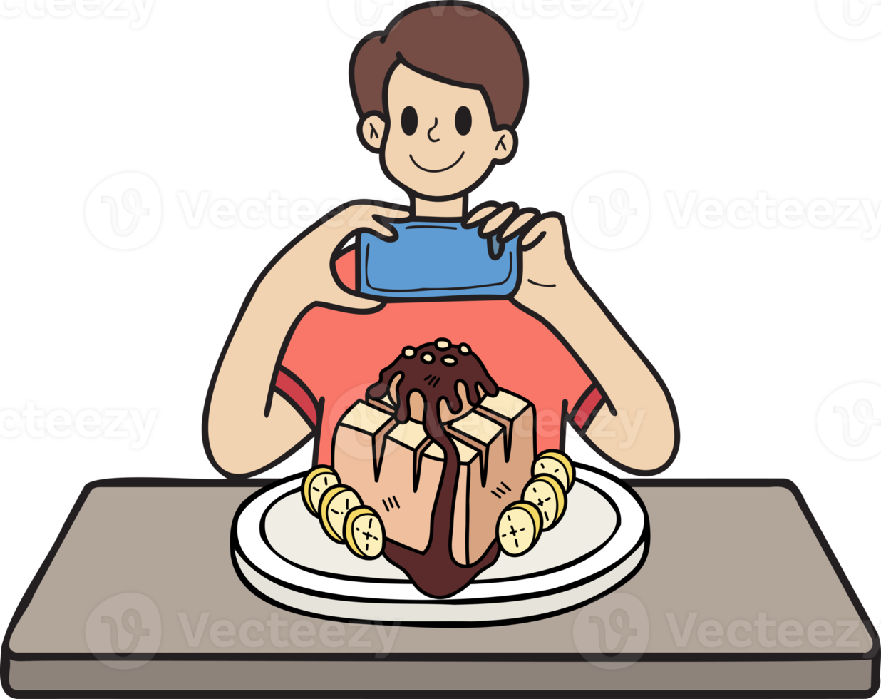 Hand Drawn man taking photo of dessert illustration in doodle style png