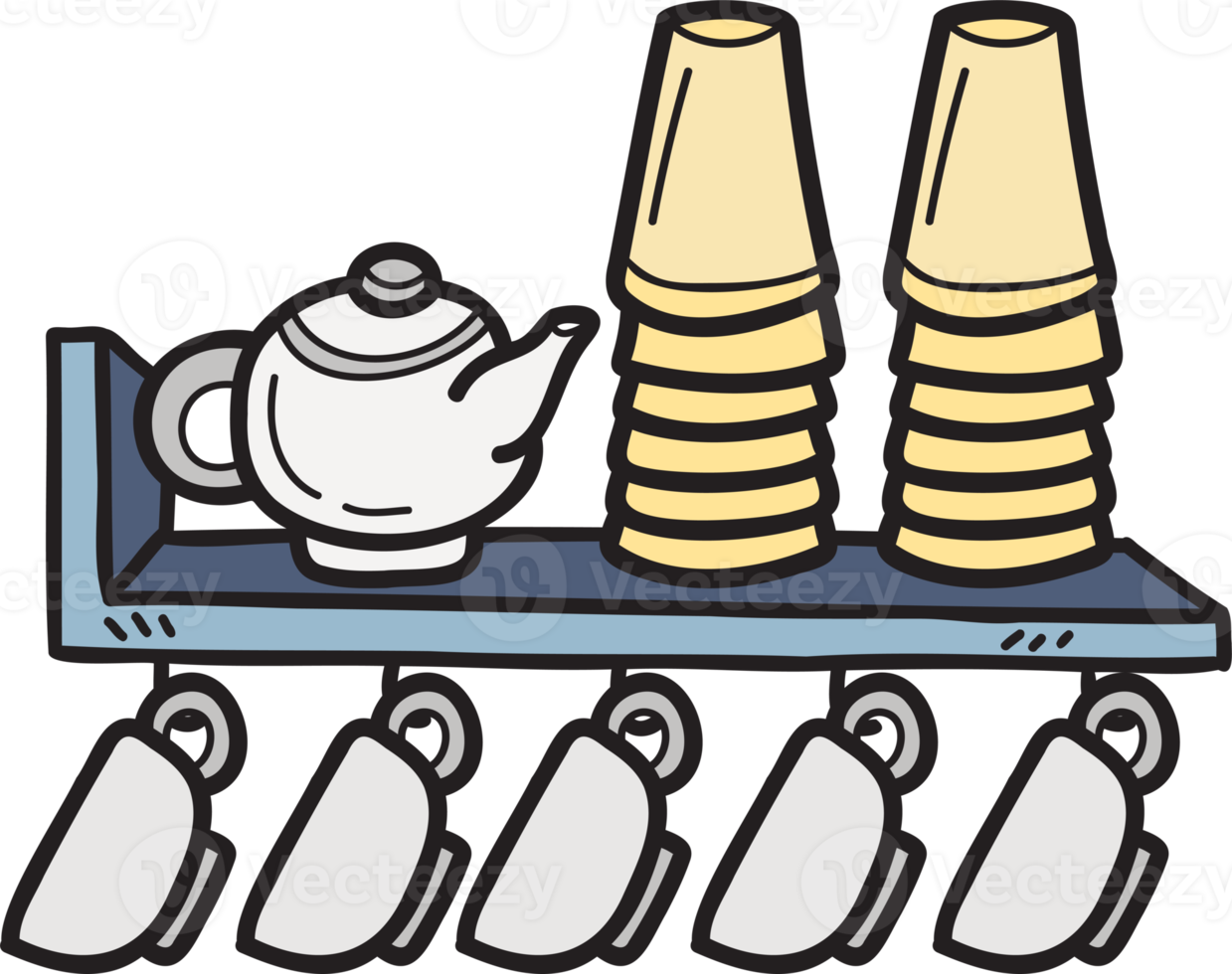 Hand Drawn coffee cup shelf for cafe illustration in doodle style png