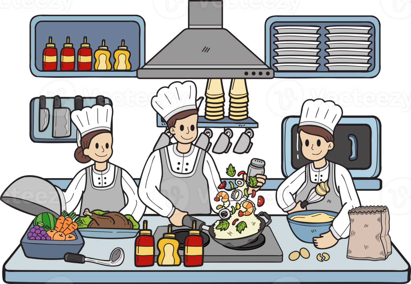 el chef dibujado a mano está cocinando en la ilustración de la cocina en estilo garabato png