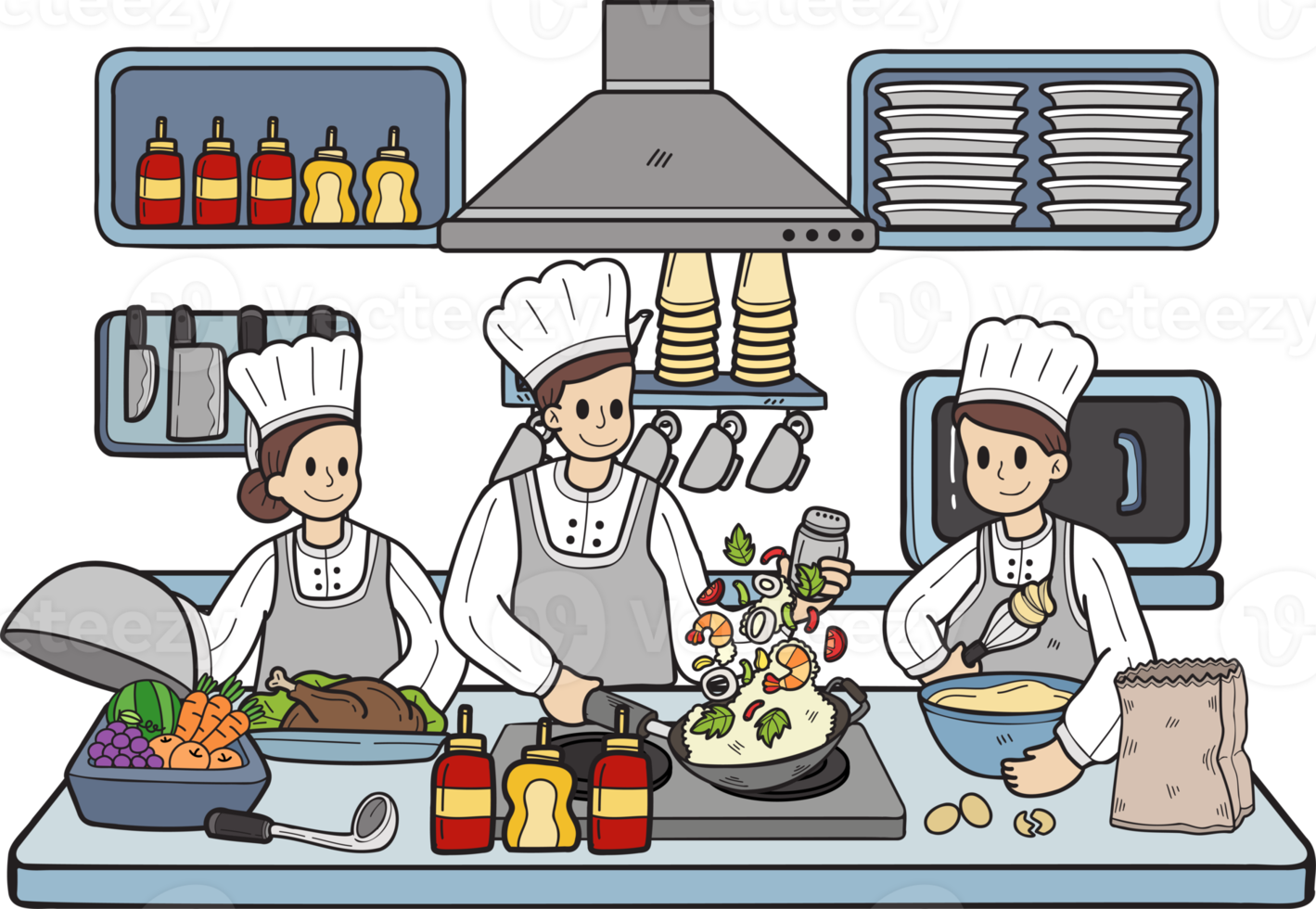 chef desenhado à mão está cozinhando na ilustração da cozinha no estilo doodle png