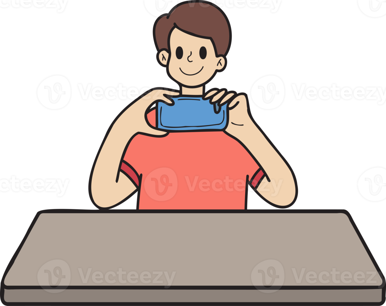 Hand Drawn man taking photo on dining table illustration in doodle style png