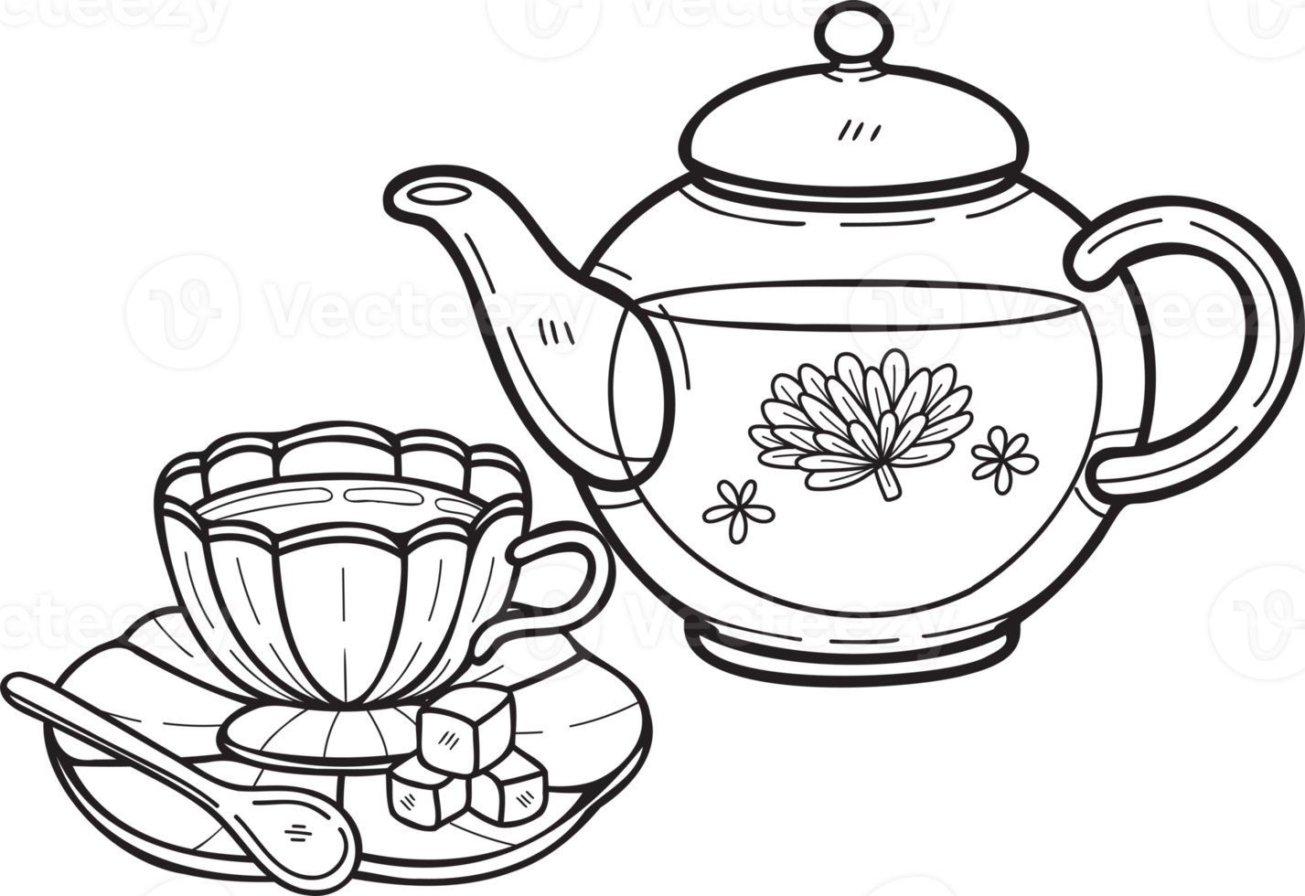 Hand Drawn English style tea set illustration in doodle style png