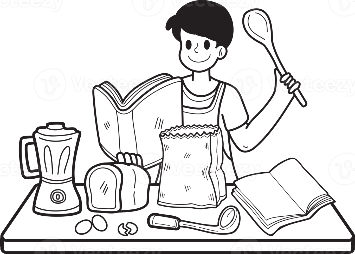 Hand Drawn Man practicing cooking from a book illustration in doodle style png