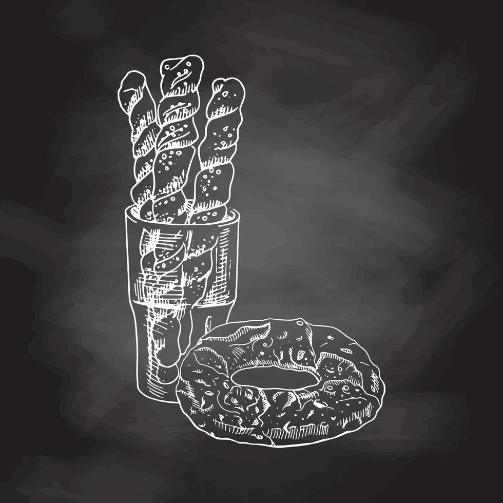 Vector hand drawn illustration of glass with baguettes and pretzel. Chalkboard background, white drawing. Sketch icon and bakery element.