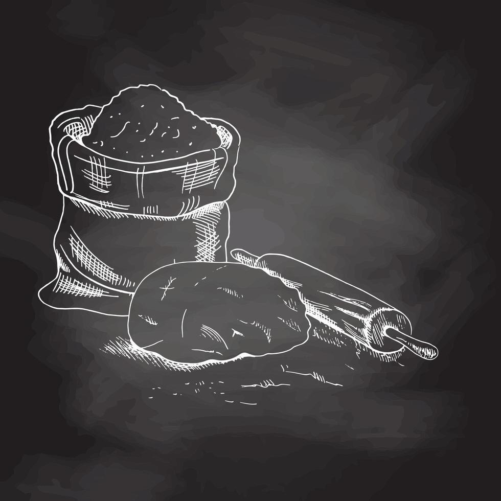 Vector hand drawn sketch  illustration of dough, rolling pin and flour bag. Chalkboard background, white drawing.  Sketch icon and bakery element.