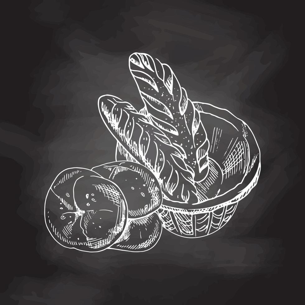 Vector hand drawn illustration of wicker basket with baguettes and buns.  Chalkboard background, white drawing.  Sketch icon and bakery element.