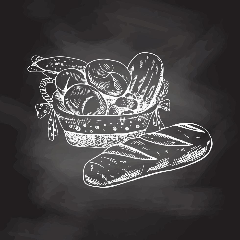 Vector hand drawn  sketch illustration of wicker basket with bread and loaf of bread.  Chalkboard background, white drawing. Sketch icon and bakery element.