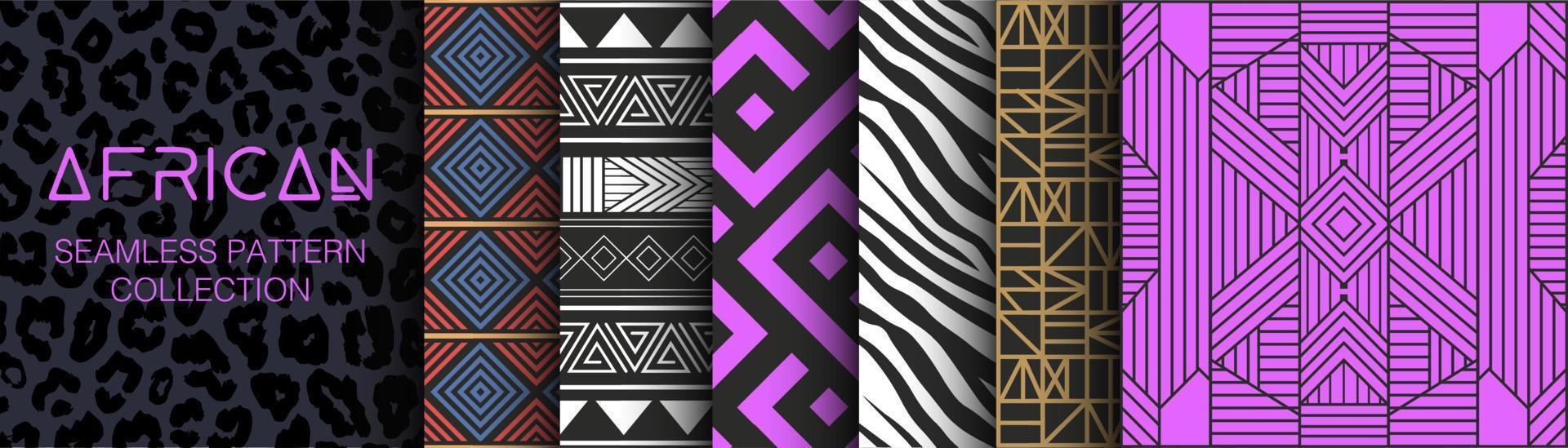 Collection of African Seamless Patterns. Geometry, textures and signs. Ethnic aesthetic and ornaments inspired by Africa. Tribal designs, folk artworks and native style graphics. Black culture. vector