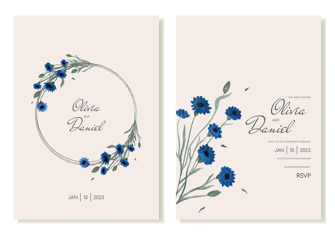 Cute rustic wedding invitation with field blue flowers, cornflowers. Vector template