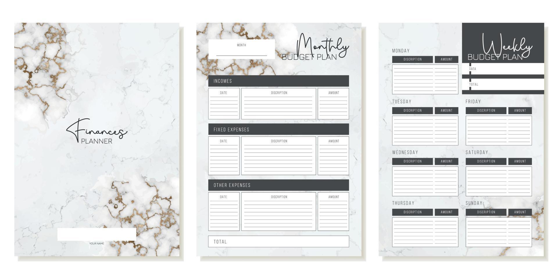 Monthly and weekly finance planner template with luxurious marble stone texture with glitter. Vector