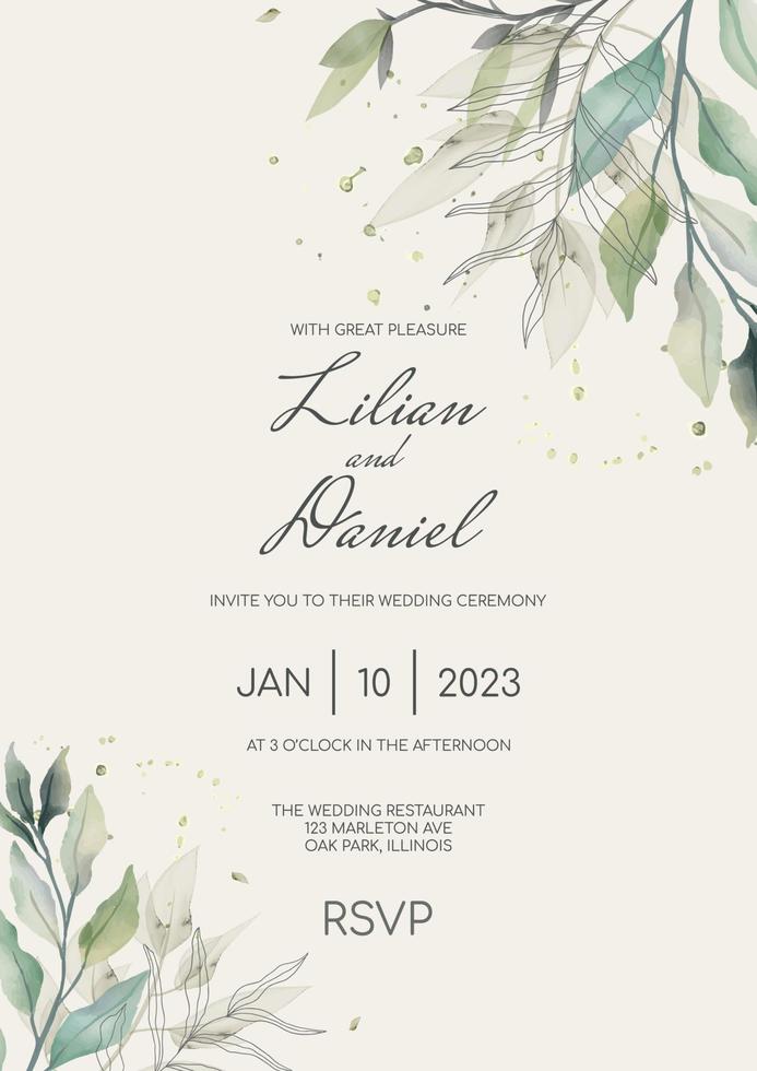 Rustic green leaf wedding invitation. Vector template