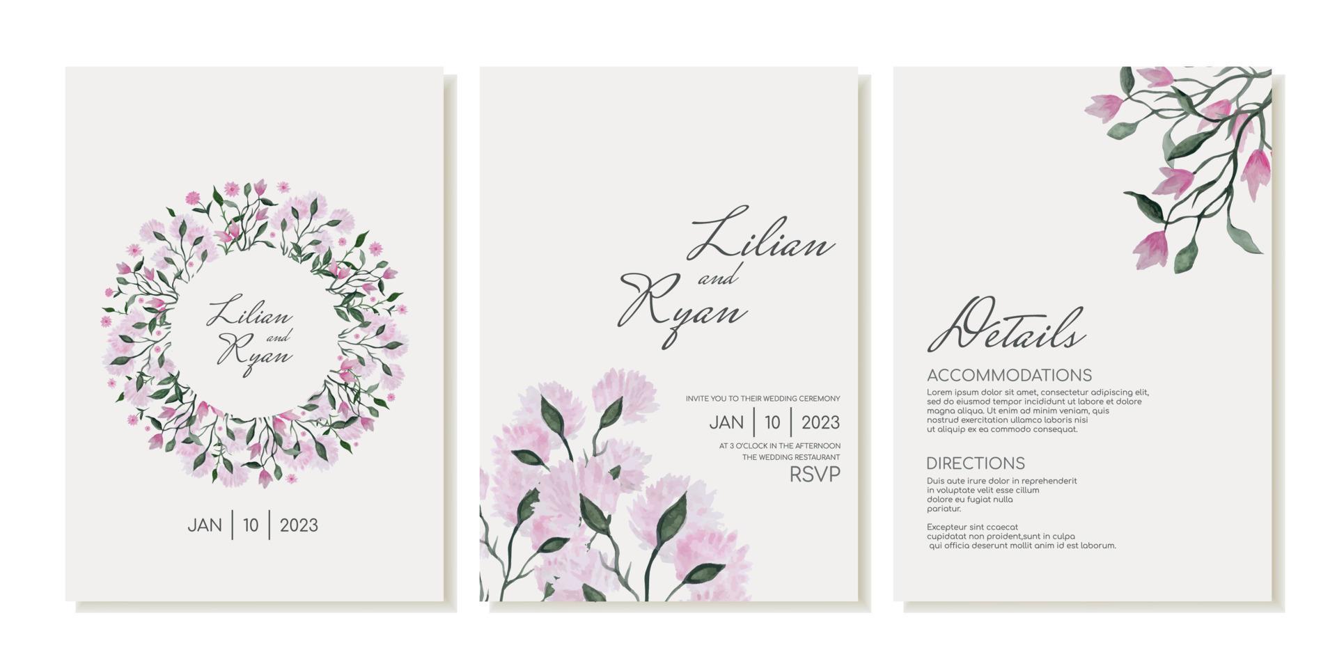 Wedding invitation with delicate pink flowers, magnolia and peonies. Vector template