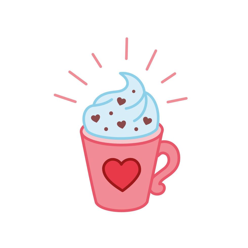 Cute doodle hot drink with whipped cream in pink cup with heart. Warm seasonal drink with whipped cream and sprinkles. Valentine day greeting card vector cartoon illustration.