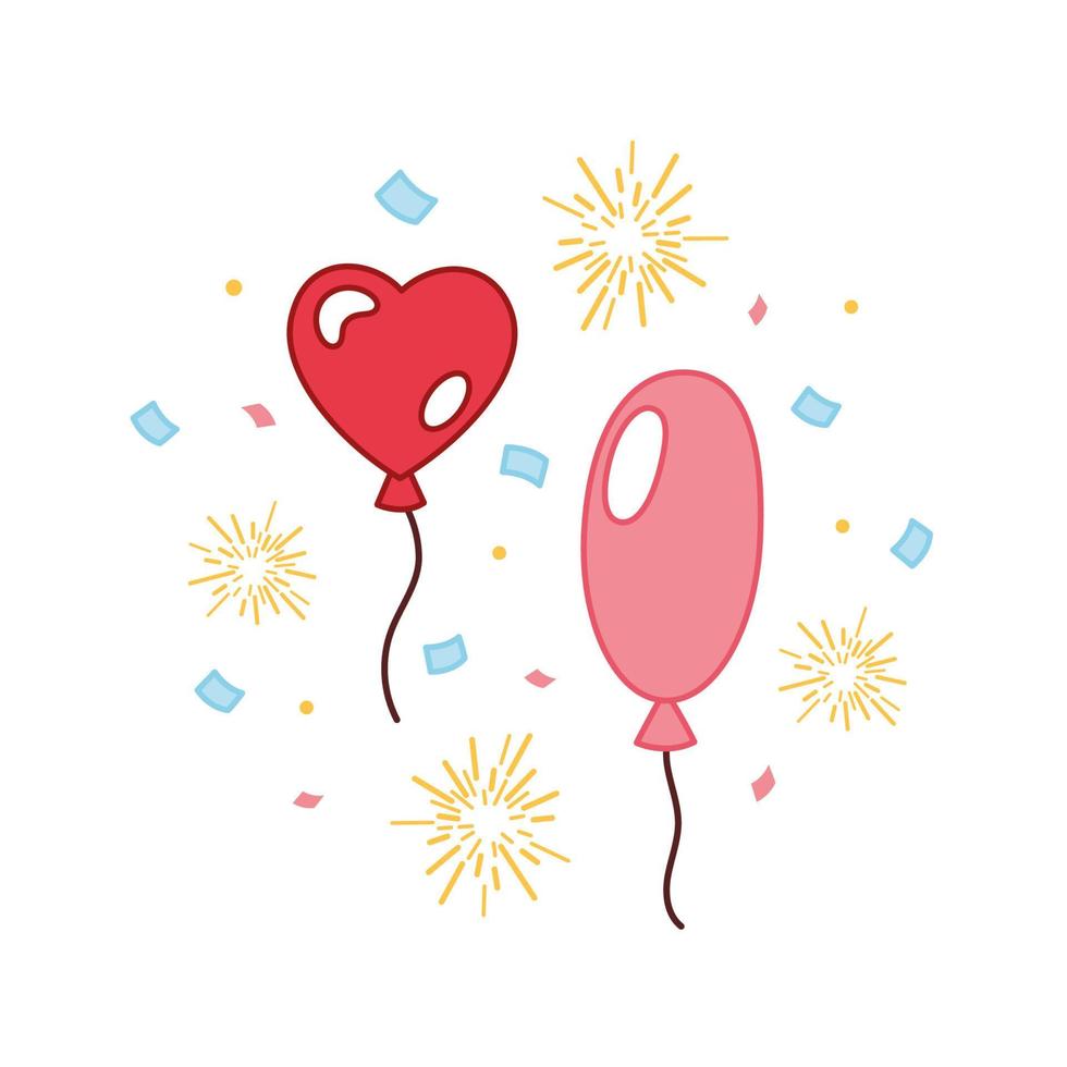 Balloons in cartoon style. Balloons, confetti, fireworks for birthday, wedding, Valentine's Day and party. Flying balloons with a rope. Doodle balloons Vector illustration.