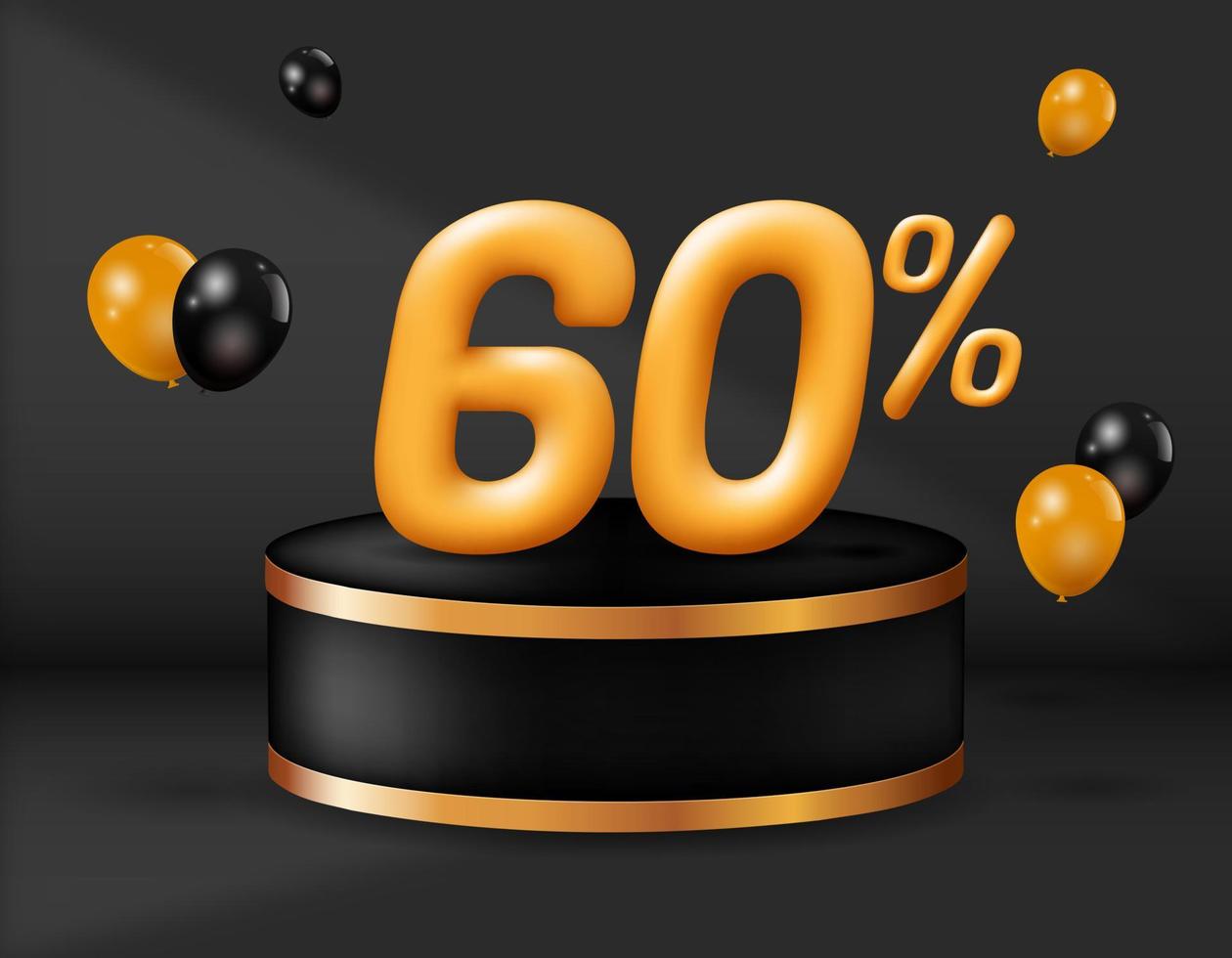 Special sale 60 percent off. realistic golden 3d number with podium decoration and balloons isolated on black background. vector illustration