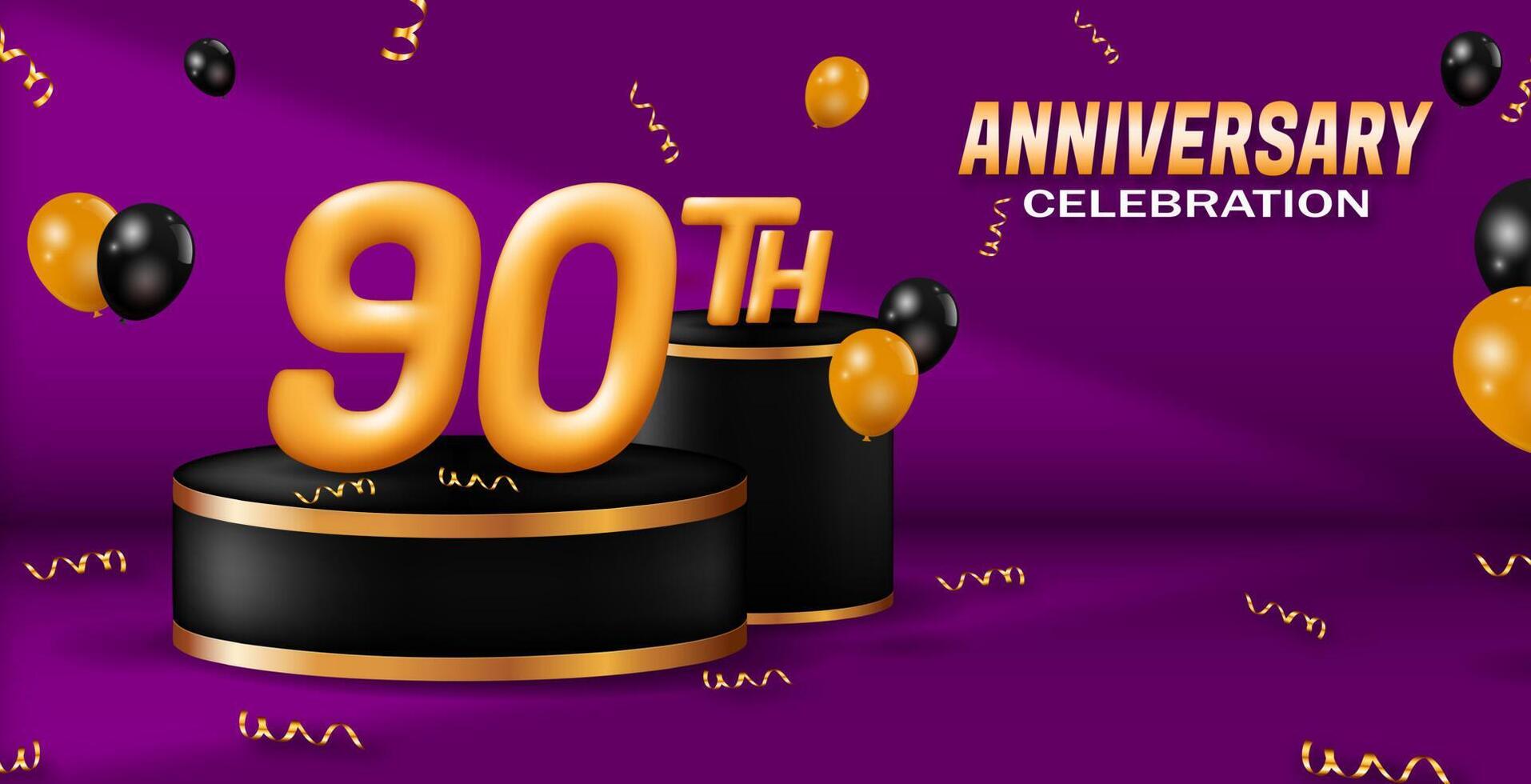 90th anniversary celebration banner. golden number with podium decoration, balloons and ribbon. for birthday or wedding greeting cards, etc. 3d vector realistic illustration