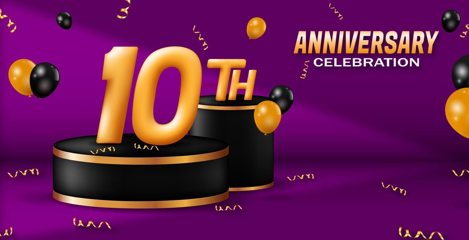 10th anniversary celebration banner. golden number with podium decoration, balloons and ribbon. for birthday or wedding greeting cards, etc. 3d vector realistic illustration