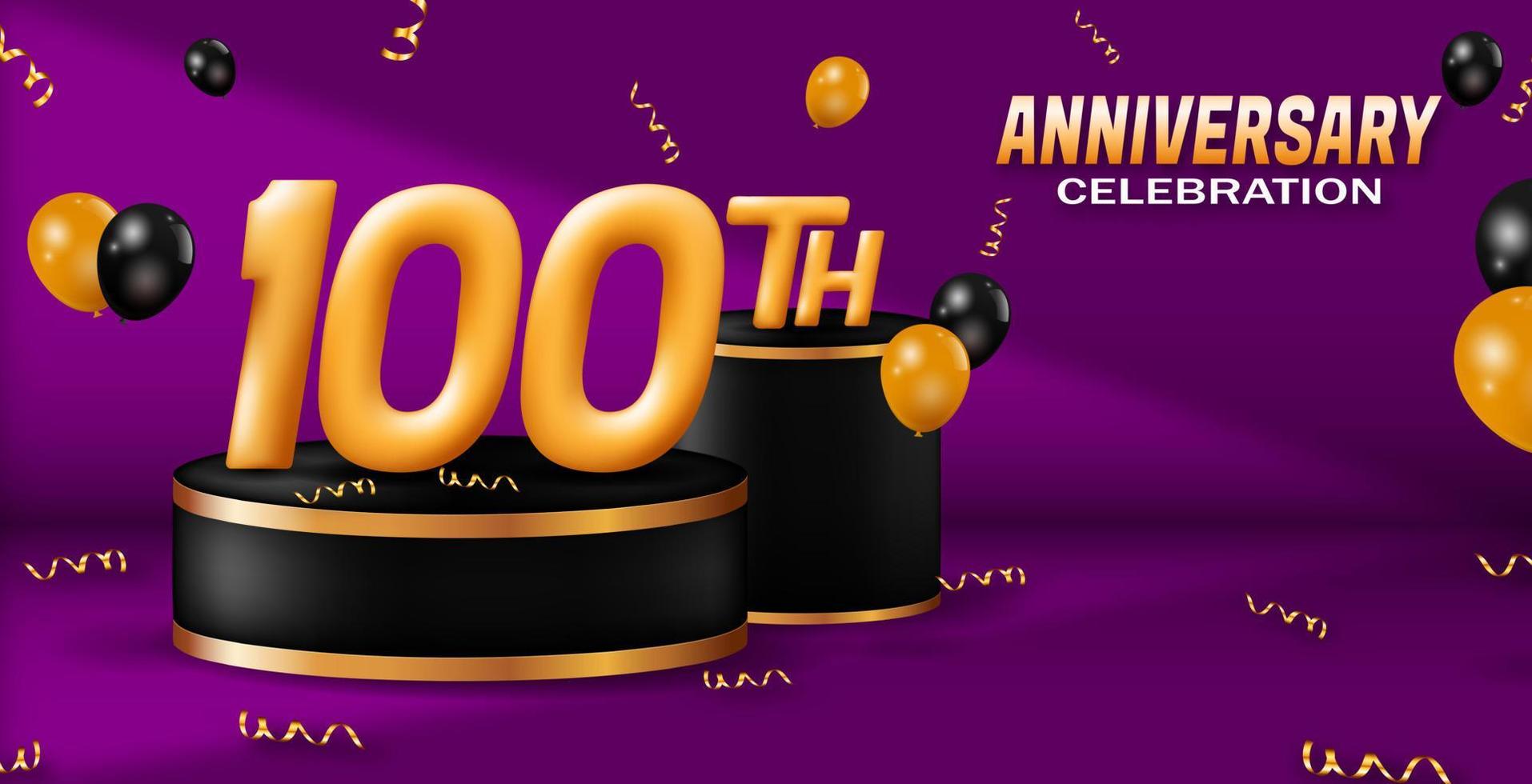 100th anniversary celebration banner. golden number with podium decoration, balloons and ribbon. for birthday or wedding greeting cards, etc. 3d vector realistic illustration