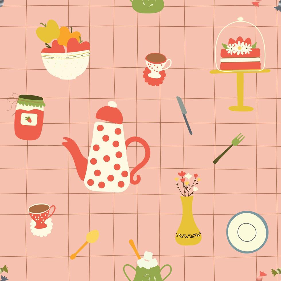 Seamless pattern with crockery. Seamless vector with illustrations of tableware, teapot, vase, cake, apples in vase, cup, candy and spoon. Table pattern of a tablecloth for paper or fabric print.