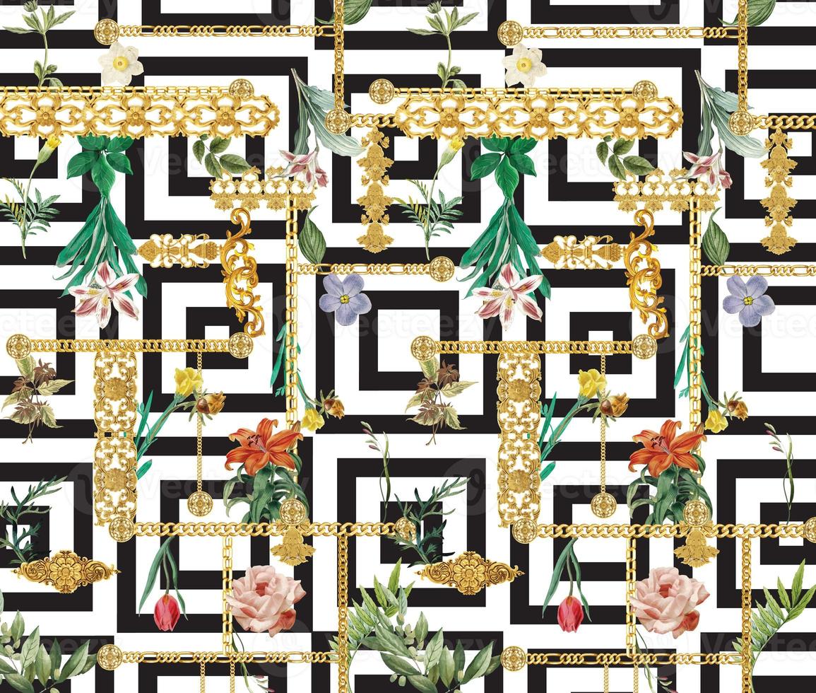 Seamless pattern with golden baroque elements and gold chains and pearls. Trendy tropical flower vintage pattern. Illustration, black and white squares background. photo