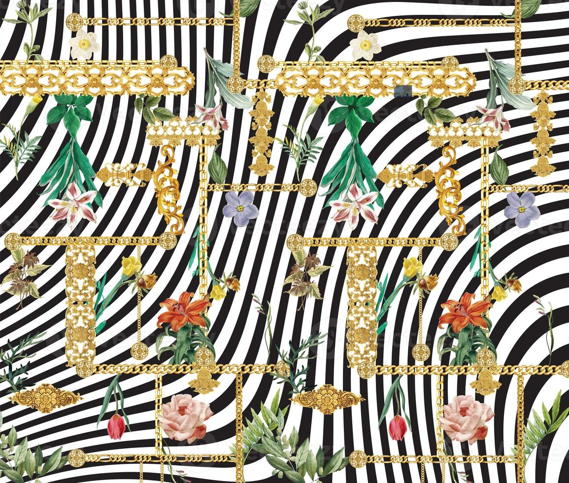 Seamless pattern with golden baroque elements and gold chains and pearls. Trendy tropical flower vintage pattern. Illustration, black and white turquoise seamless zigzag background. photo