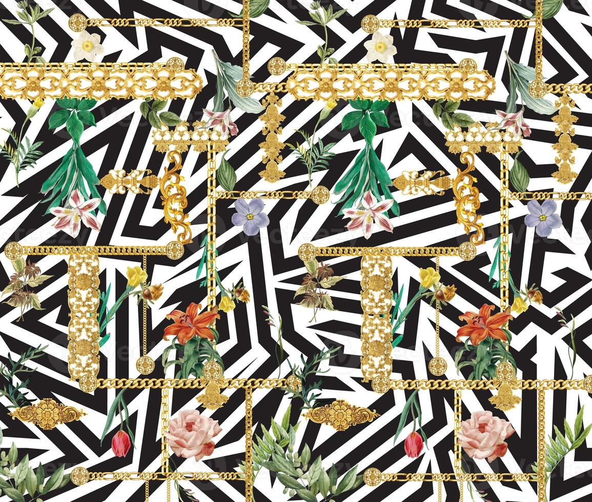Seamless pattern with golden baroque elements and gold chains and pearls. Trendy tropical flower vintage pattern. Illustration, black and white abstract background. photo