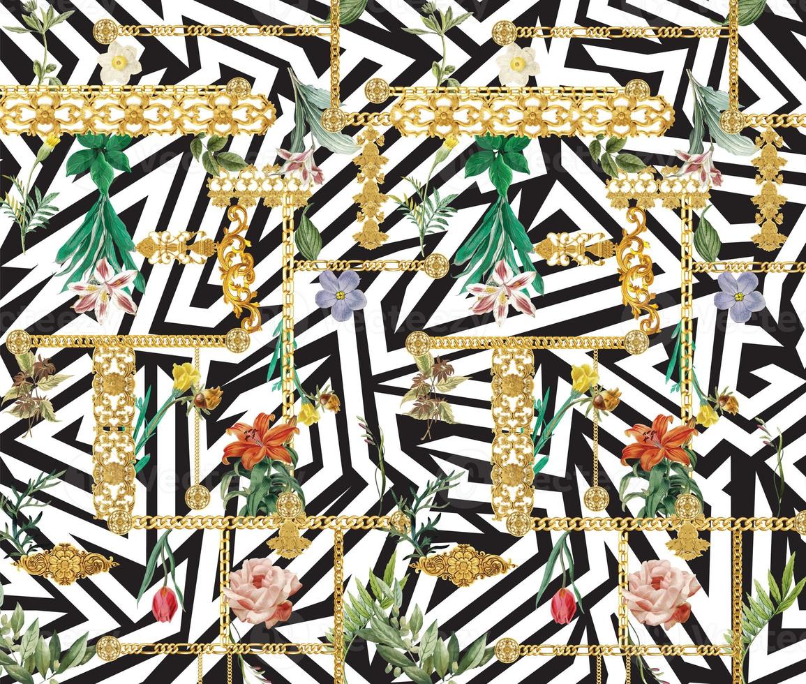 Seamless pattern with golden baroque elements and gold chains and pearls. Trendy tropical flower vintage pattern. Illustration, black and white abstract background. photo