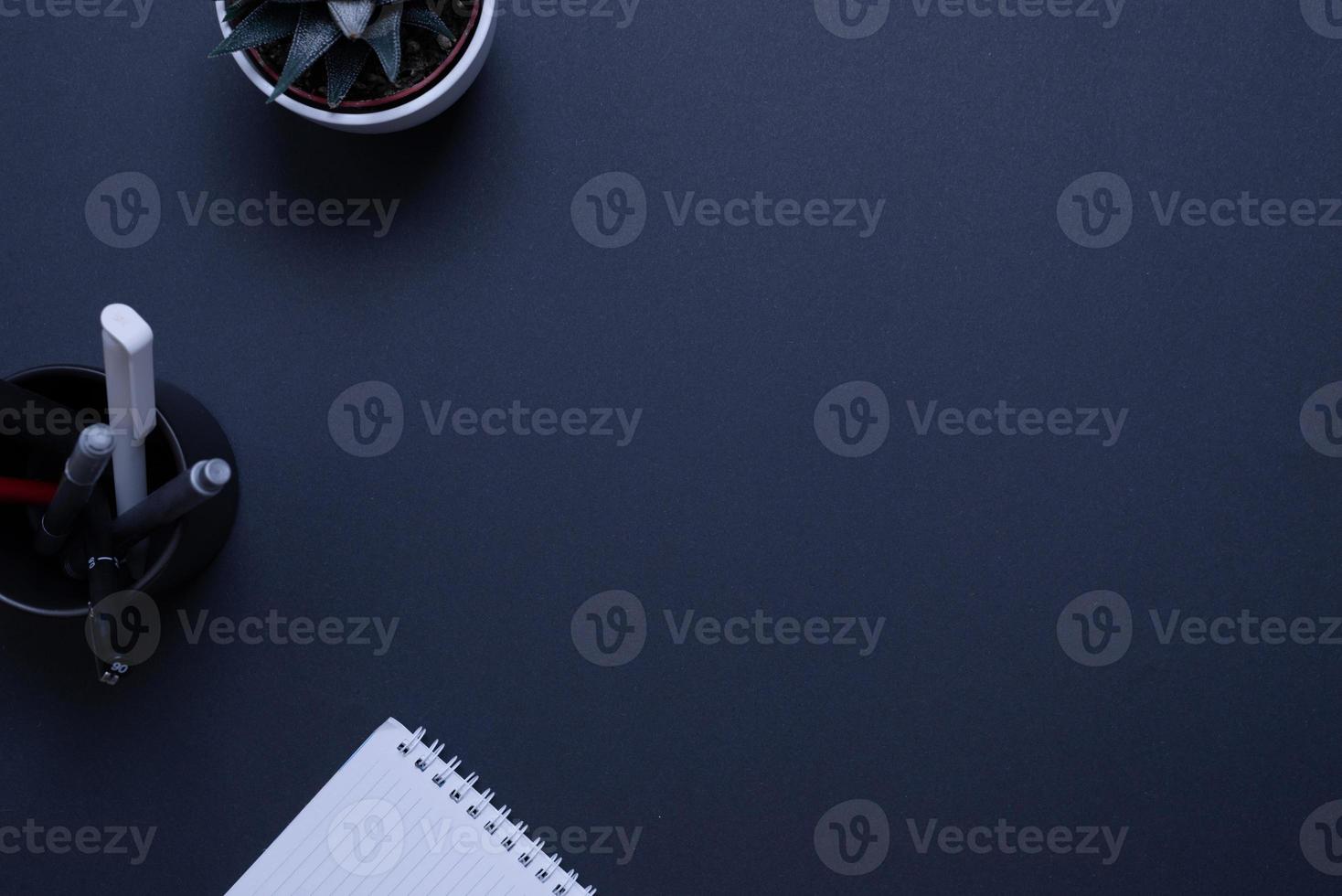 Minimalist and organized work desk featuring a plant, pens, and a notepad with copy space on desk surface photo