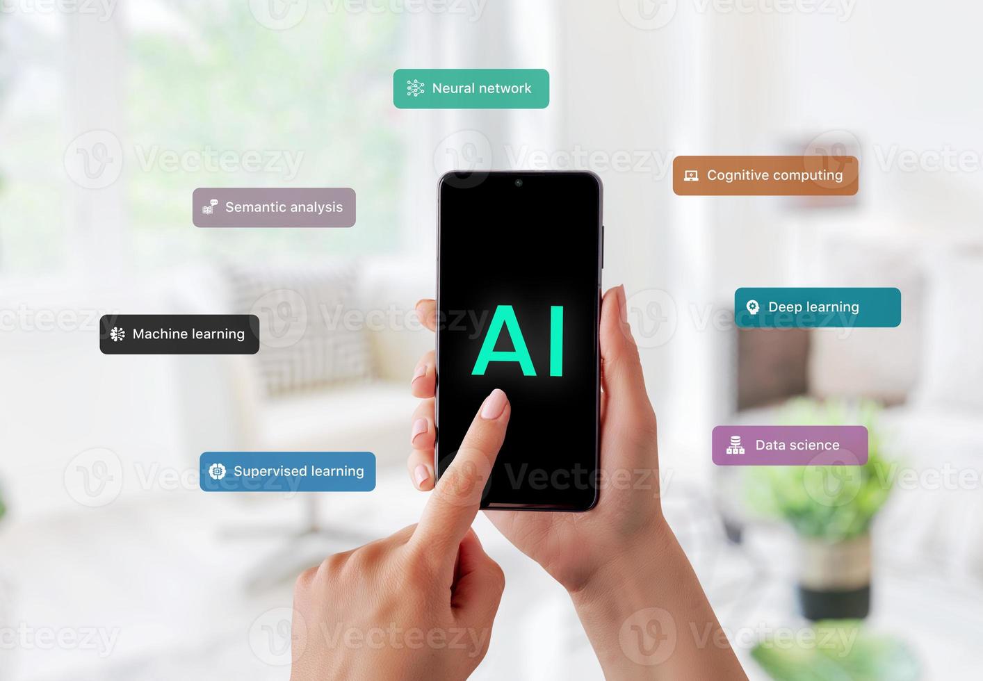 teléfono inteligente, que muestra el uso de la tecnología de inteligencia artificial, como el análisis semántico, el aprendizaje profundo, las redes neuronales, el aprendizaje automático y el aprendizaje supervisado. integración de ia en dispositivos cotidianos foto