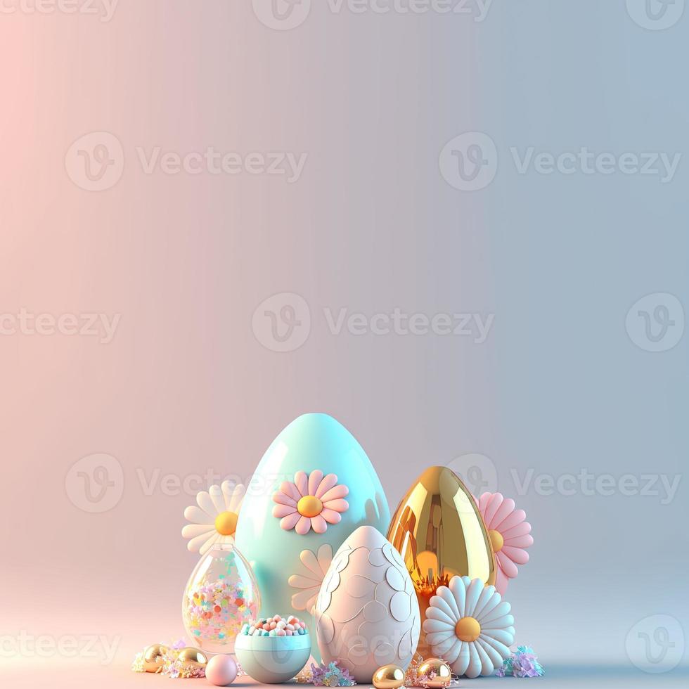3D Render of Eggs and Flowers for Easter Greeting Card Background photo