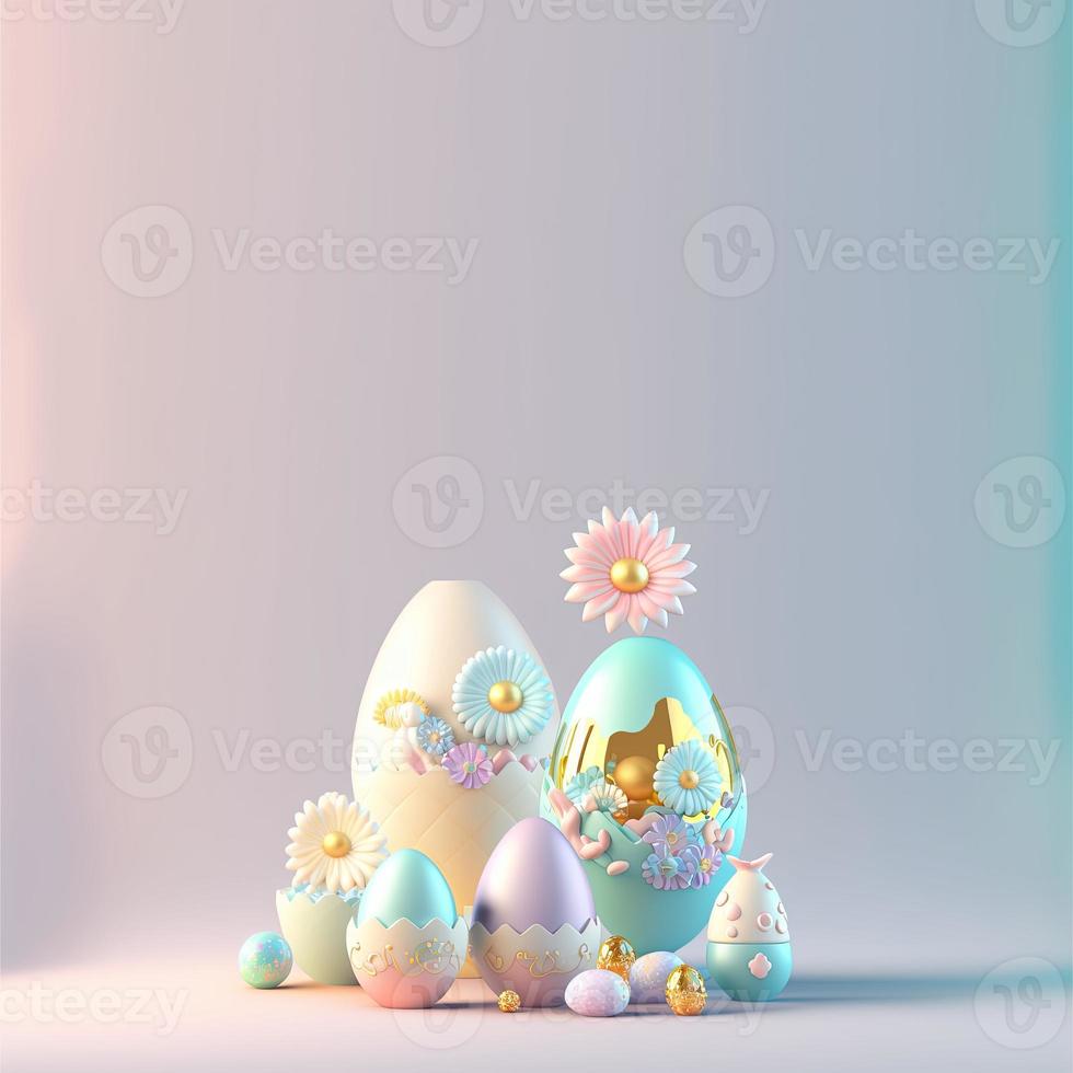 3D Illustration of Glossy Eggs and Flowers for Easter Day Greeting Card Background photo