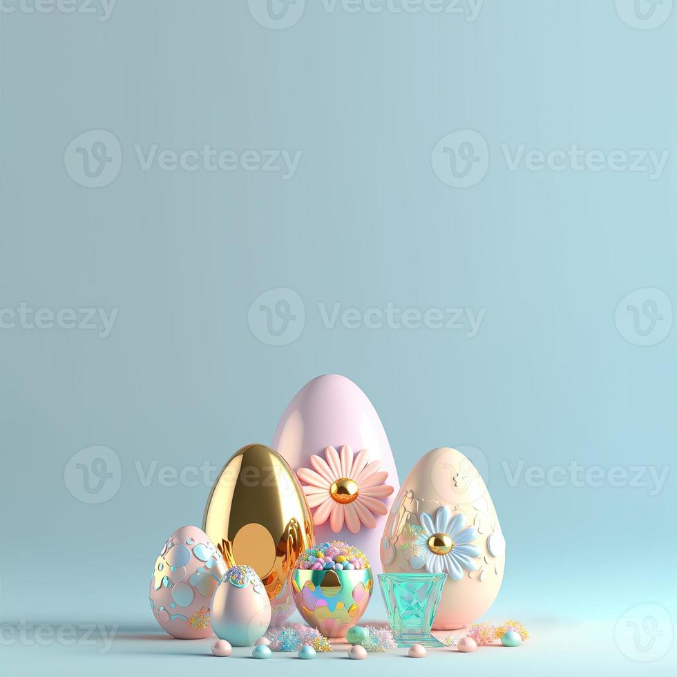3D Render of Eggs and Flowers for Easter Day Greeting Card Background photo
