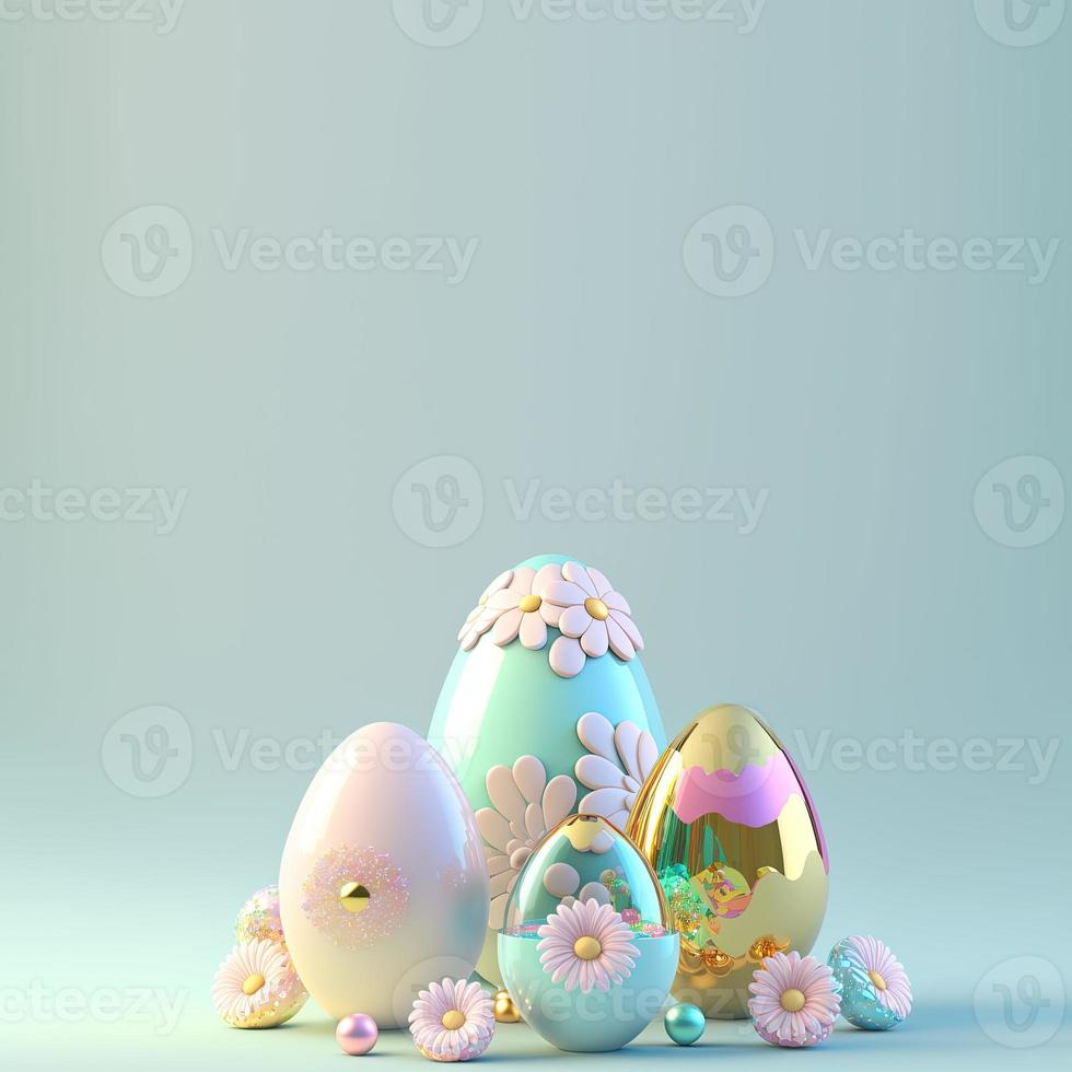 Digital 3D Illustration of Eggs and Flowers for Easter Greeting Card Background photo