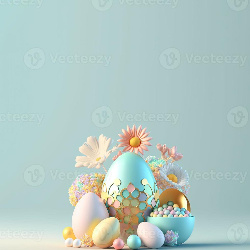 3D Render of Eggs and Flowers for Easter Day Party Background photo