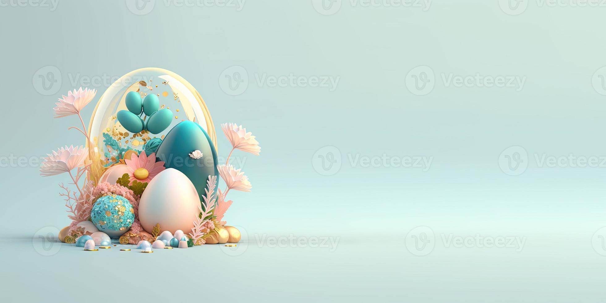 3D Easter Eggs and Flowers with a Fantasy Wonderland Theme for Background and Banner photo