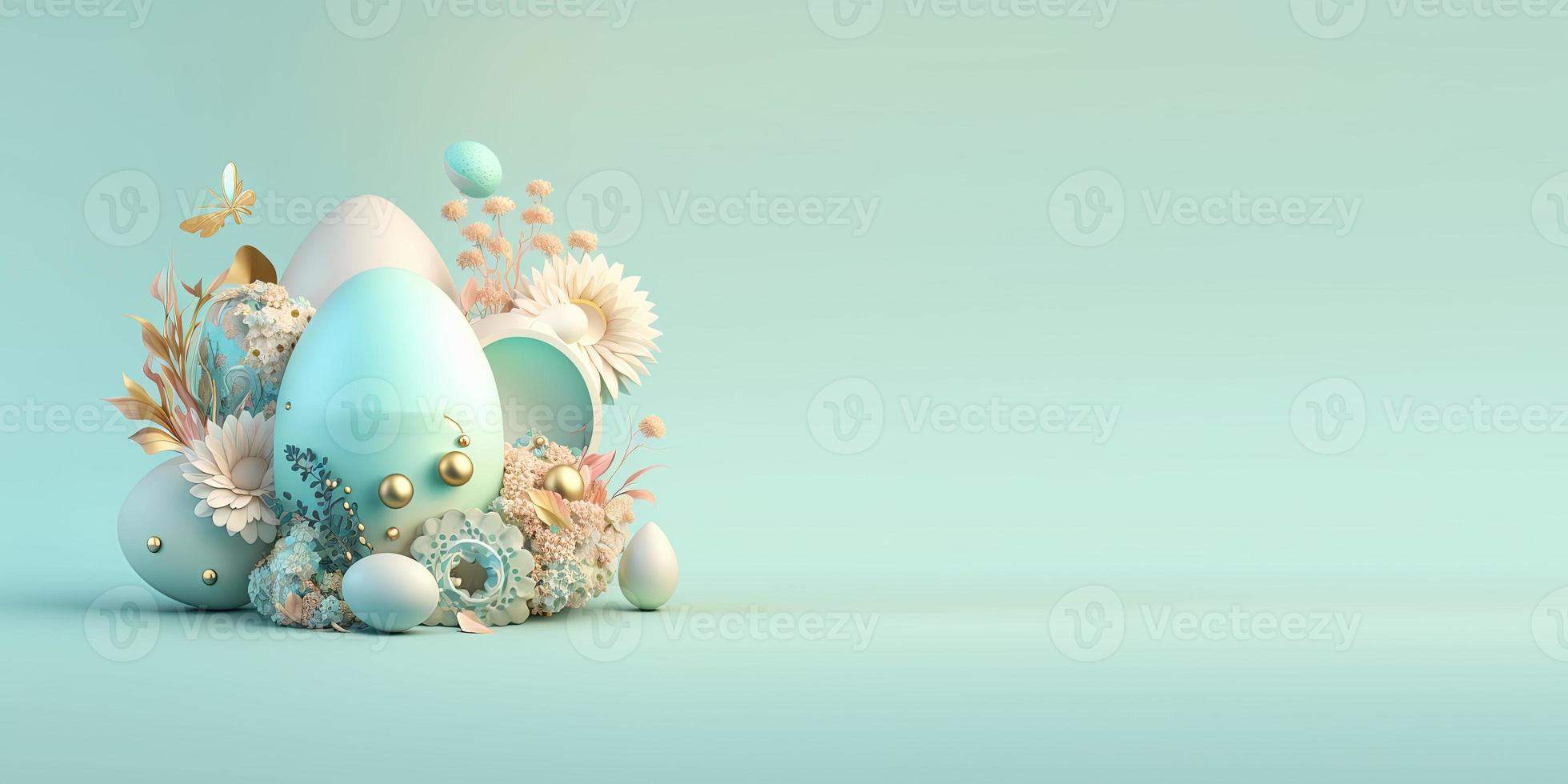 Abstract 3D Illustration of Easter Eggs and Flowers with a Fairy Tale Theme for Background and Banner photo
