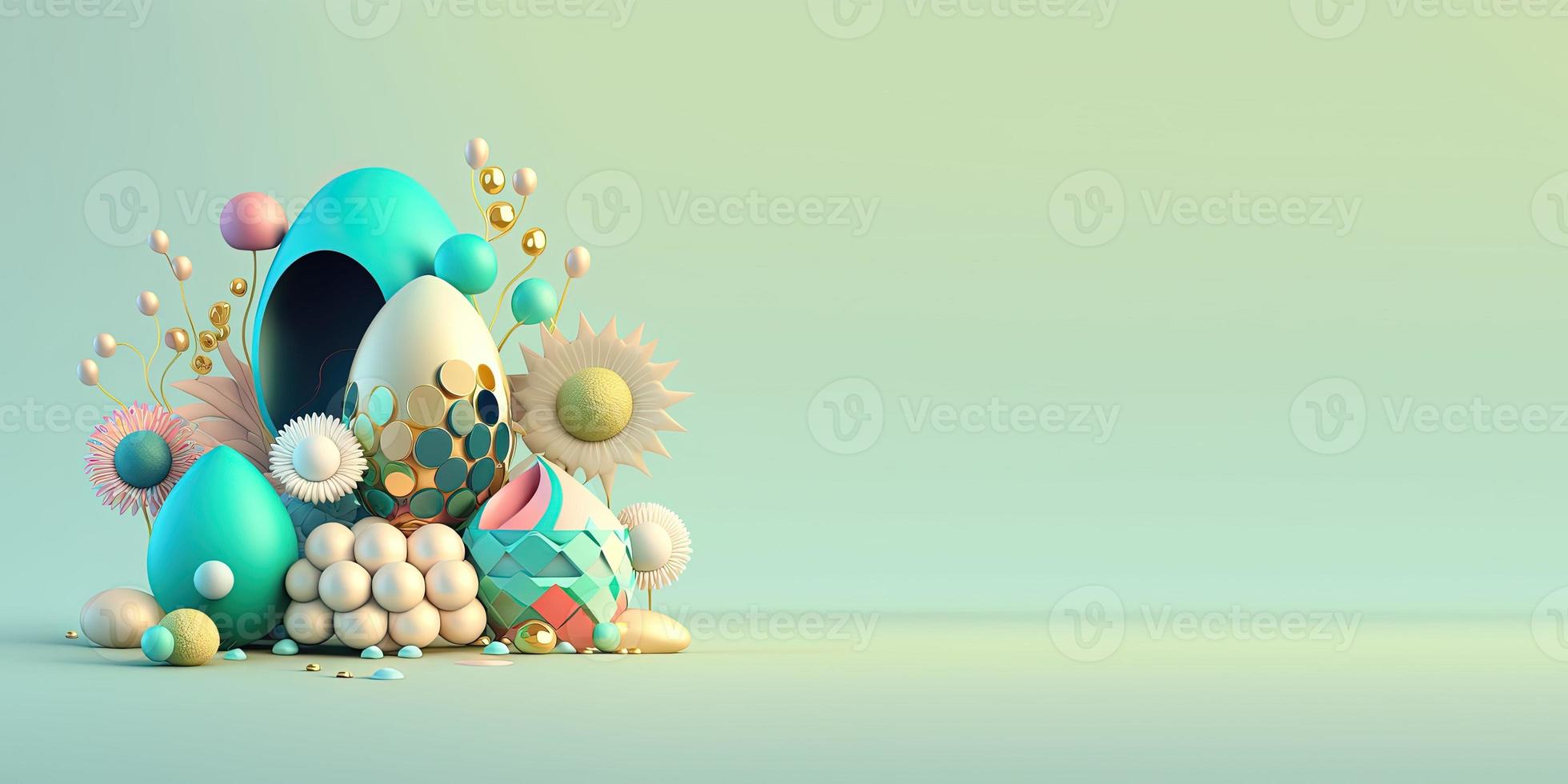 3D Render of Easter Eggs and Flowers with a Fairytale Wonderland Theme for Background and Banner photo