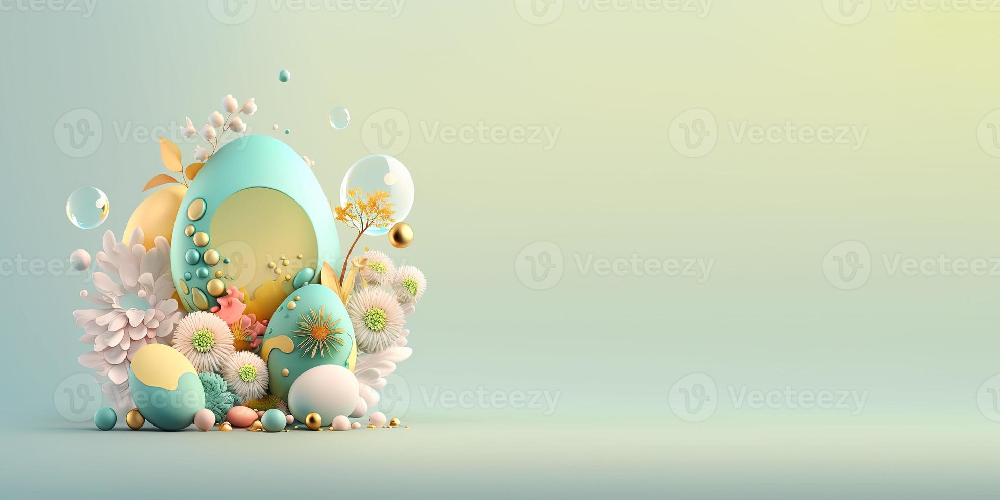 3D Illustration of Easter Eggs and Flowers with a Fantasy Theme for Background and Banner photo
