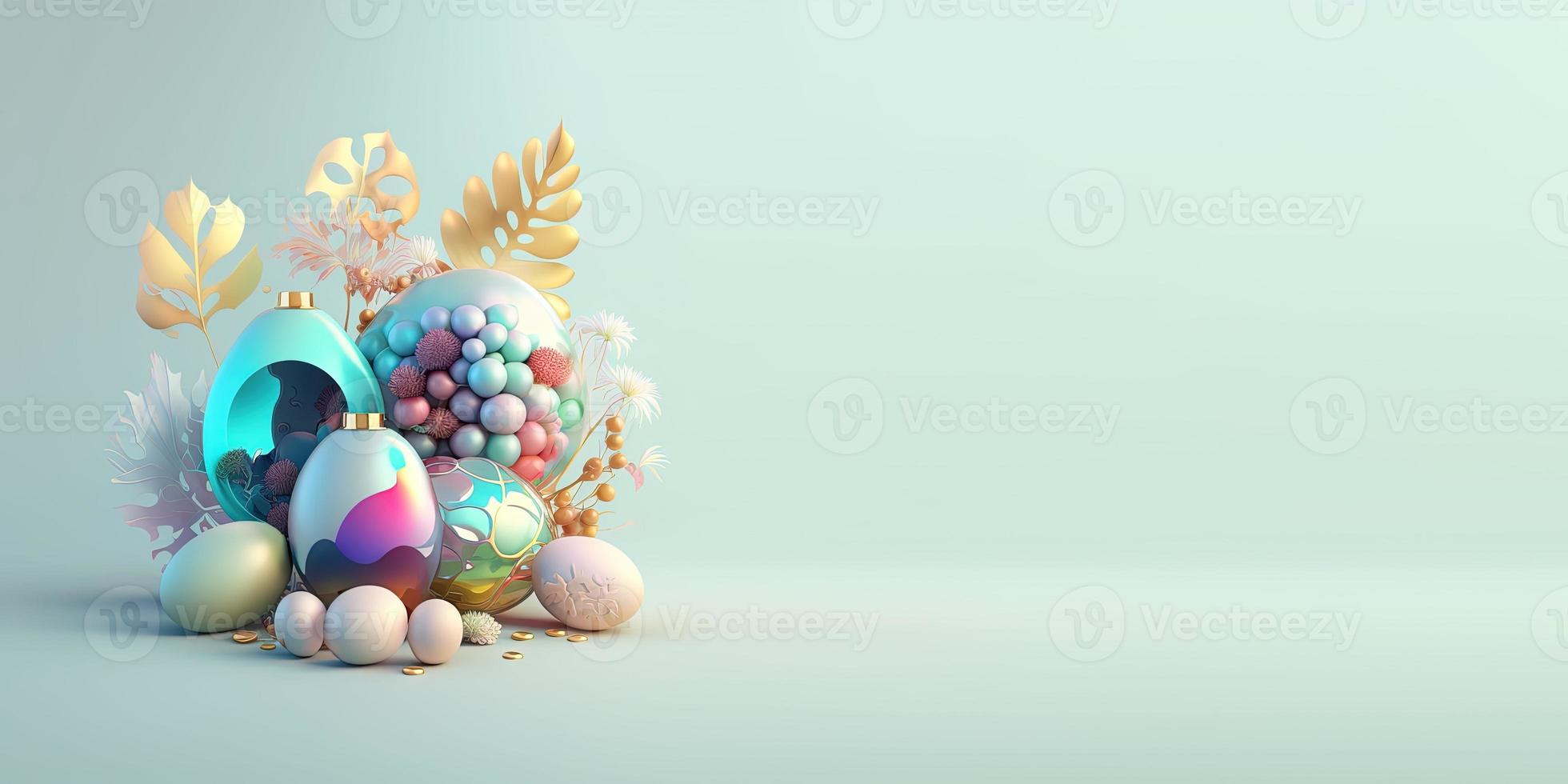 Abstract 3D Render of Easter Eggs and Flowers with a Fairy Tale Theme for Background and Banner photo