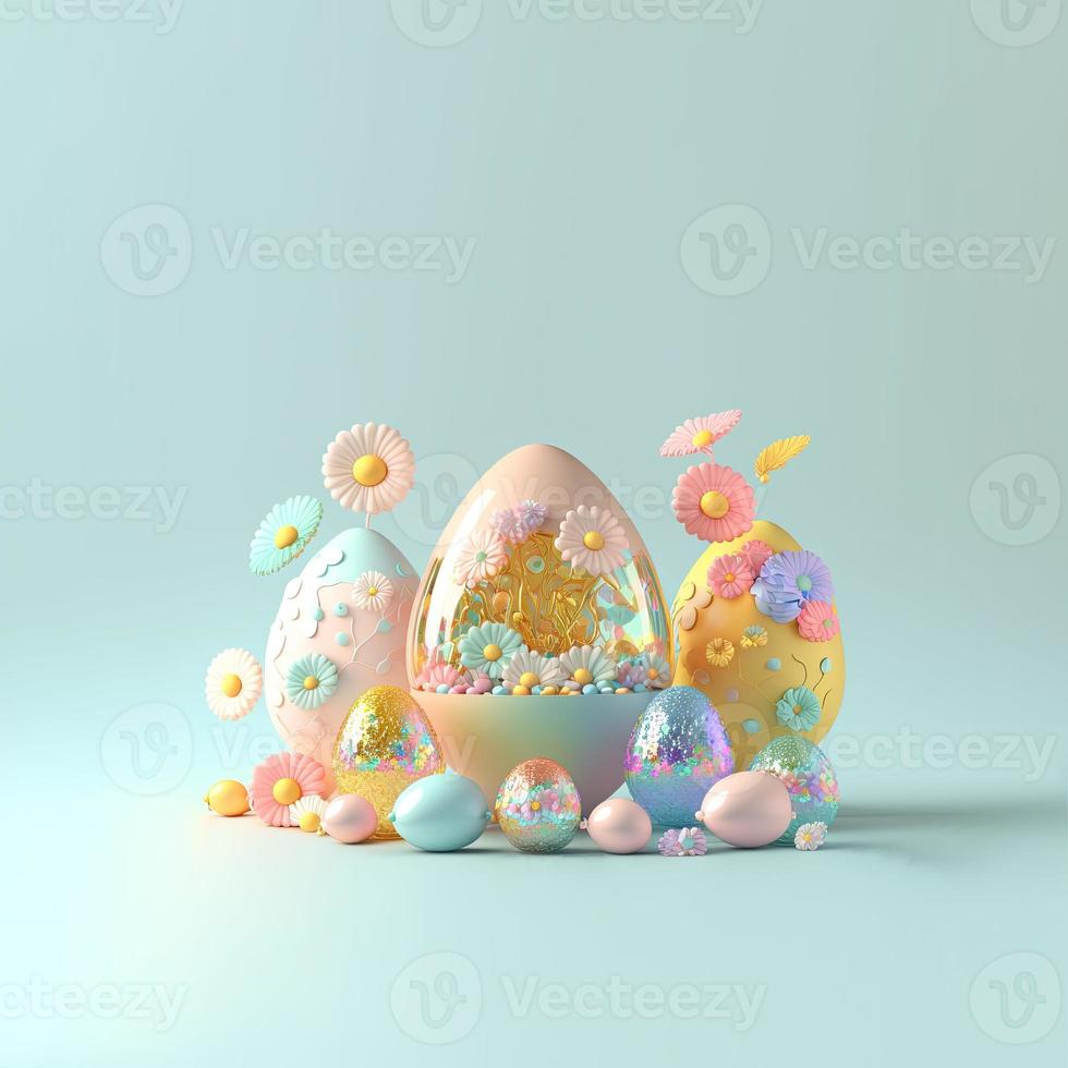 3D Illustration of Glossy Eggs and Flowers for Easter Day Background photo