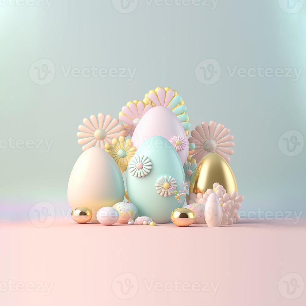 3D Illustration of Eggs and Flowers for Easter Day Celebration Background photo