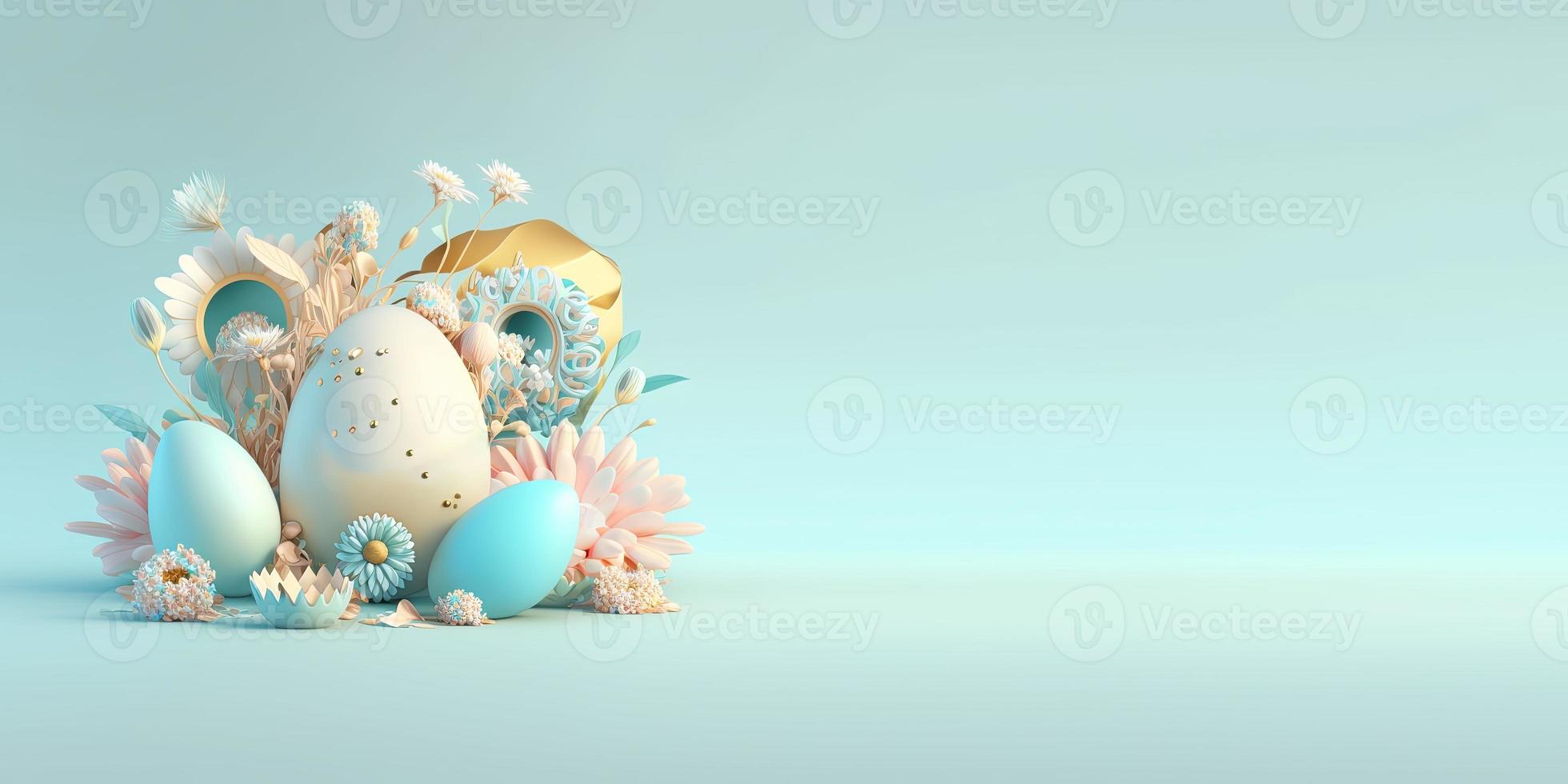 3D Illustration of Easter Eggs and Flowers with a Fantasy Theme for Background and Banner photo