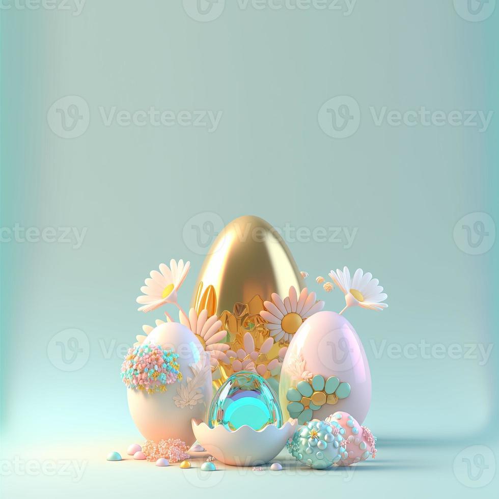 3D Rendering of Glossy Eggs and Flowers for Easter Day Celebration Background photo