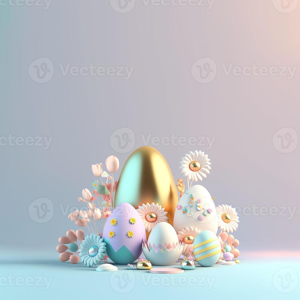 3D Render of Eggs and Flowers for Easter Day Greeting Card Background photo