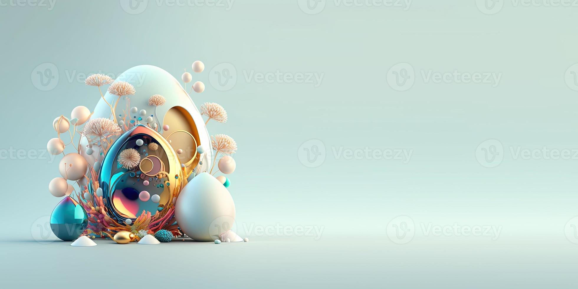 Ilustración 3d de huevos de pascua y flores con un tema de cuento de hadas para el fondo y la pancarta foto