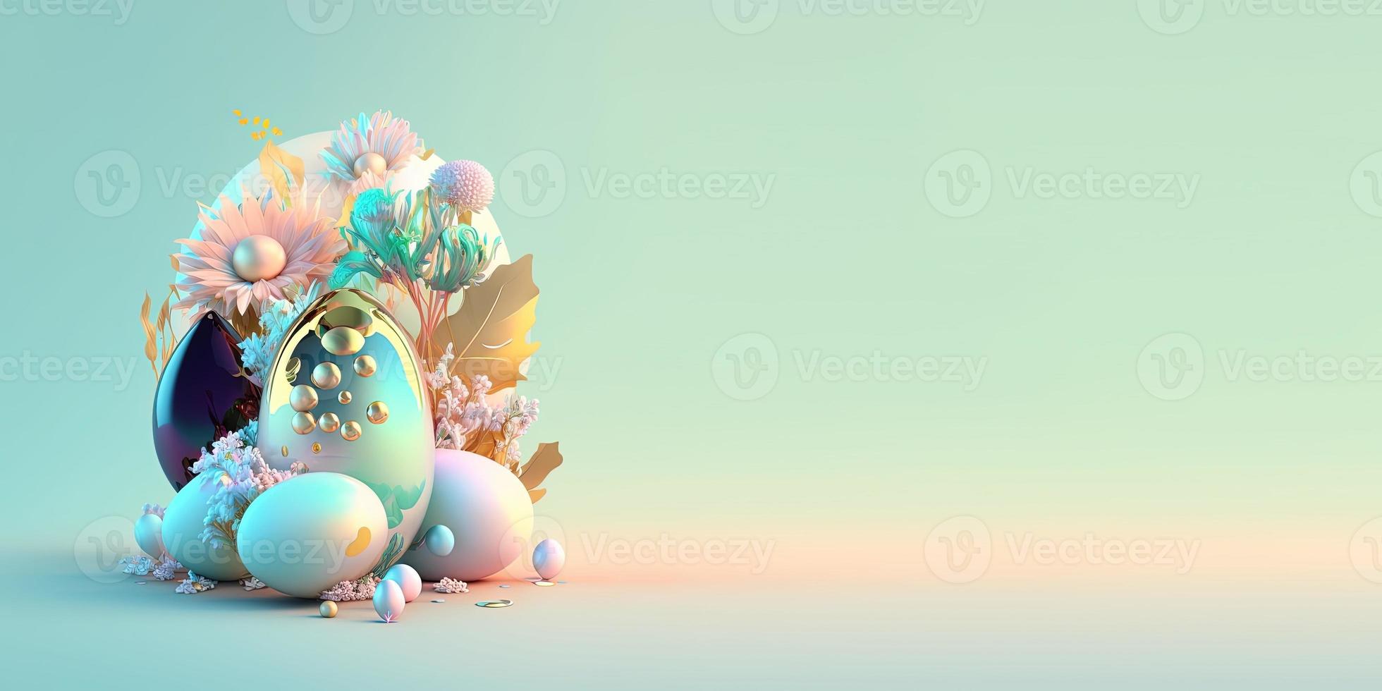 3D Easter Eggs and Flowers with a Fairytale Wonderland Theme for Background and Banner photo